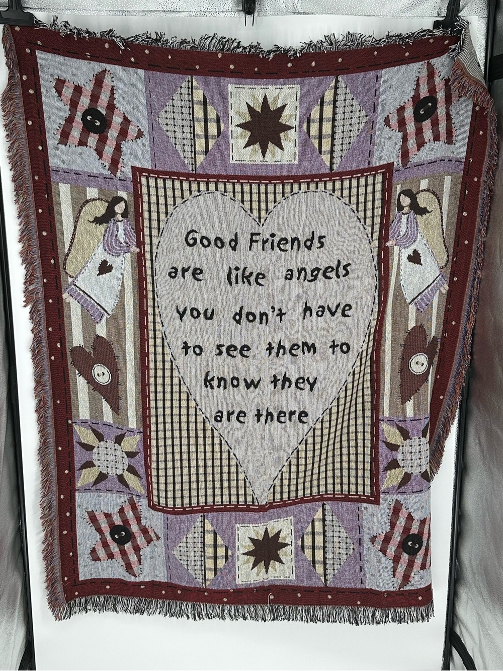 Collections Etc Primitive Country Angel Tapestry Throw Blanket 48x60 Fringe NWT